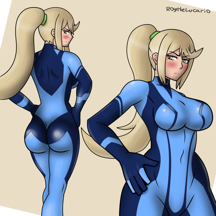 1girls 2024 ass back_view blonde_hair blush bodysuit bubble_butt crossover embarrassed female female_only front_view hand_on_hip hands_on_hips long_hair multiple_views mythra nintendo ponytail roythelucario samus_aran_(cosplay) tight_clothes tight_clothing xenoblade_(series) xenoblade_chronicles_2 zero_suit