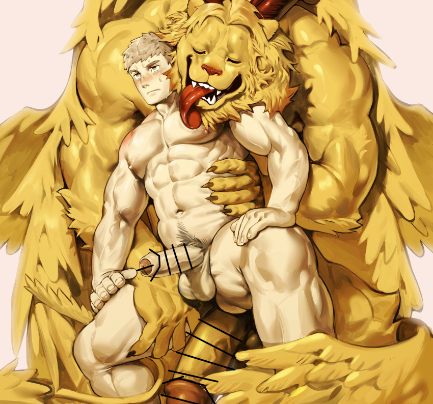 2boys abs absurdres bar_censor bara blonde_hair censored claws closed_eyes commentary completely_nude demon_horns dungeon_meshi english_commentary erection foreskin furry furry_with_non-furry gay hand_on_own_leg highres holding horns hug hug_from_behind huge_cock interspecies laios_touden large_pectorals licking licking_pectoral light_blush lion lion_boy male male/male male_focus male_only multiple_boys muscular muscular_male navel navel_hair nipples nude pectorals penis penis_size_difference size_difference stomach strongman_waist sweat uza_(hellme) white_background winged_lion_(dungeon_meshi) yaoi yellow_eyes