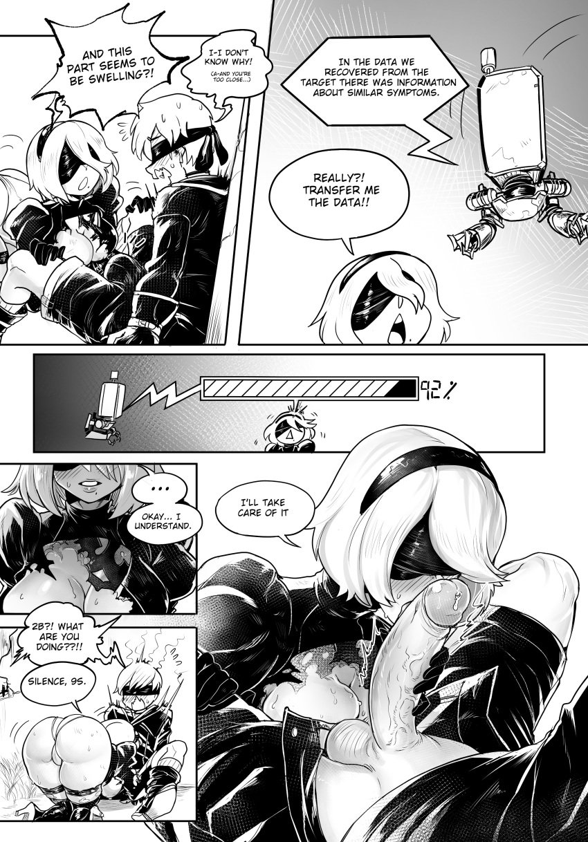 1girls big_ass big_butt blindfold blowjob bubble_ass bubble_butt comic_page comic_panel female insouwu male medium_breasts monochrome nier nier:_automata penis short_hair straight yorha_2b yorha_9s