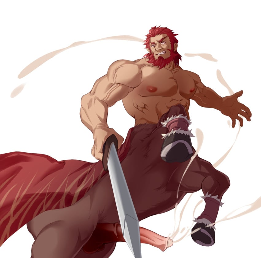 1boy 2boys abs animal_genitalia animal_penis bara beard boner cape centaur cum erection facial_hair fate/grand_order fate_(series) feet_out_of_frame from_below full_beard hachikenoko_(weigham) highres holding holding_sword holding_weapon horse_penis iskandar_(fate) large_pectorals looking_to_the_side male_centaur male_focus male_only mature_male monsterification multiple_boys muscular muscular_male navel nipples nude old old_man pectorals penis projectile_cum red_eyes red_hair serious solo sword taur thick_beard thick_eyebrows tsurime uncensored veins veiny_arms weapon