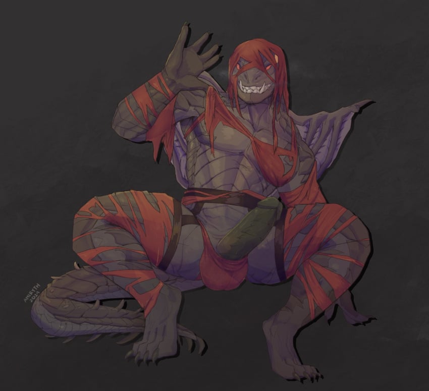 2024 5_fingers amiryth anthro balls claws crouching digital_drawing_(artwork) digital_media_(artwork) erection finger_claws fingers genitals glans hi_res male male_focus male_only penis red_eyes scalie tail teeth toe_claws vaal_hazak