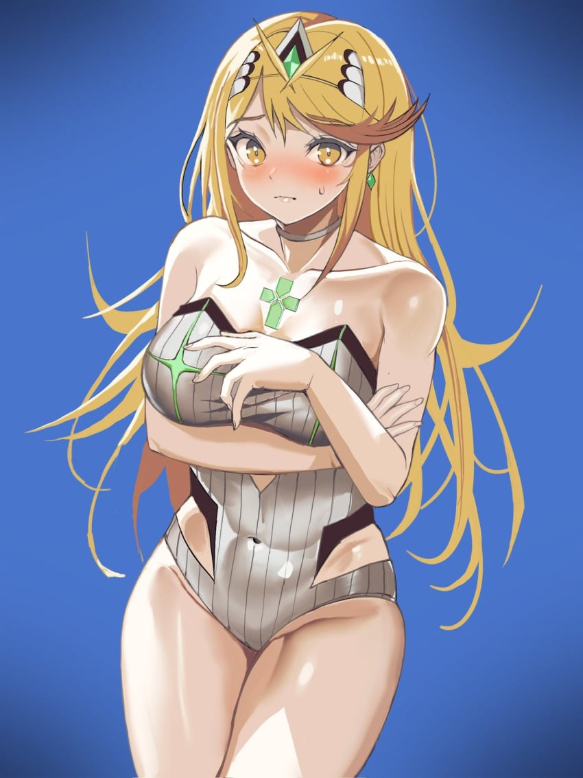 blonde_hair breasts core_crystal female female_only looking_at_viewer mythra mythra_(radiant_beach)_(xenoblade) nintendo rokuba solo swimsuit xenoblade_(series) xenoblade_chronicles_2