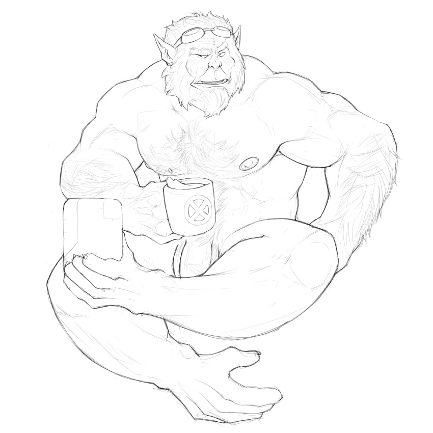 1boy anthro bara beast_(x-men) crossed_legs flaccid furry goggles goggles_on_head hank_mccoy human islate_(artist) male male_focus male_only marvel marvel_comics monkey_feet monochrome mug muscles muscular muscular_male nude prehensile_feet sitting solo solo_focus x-men