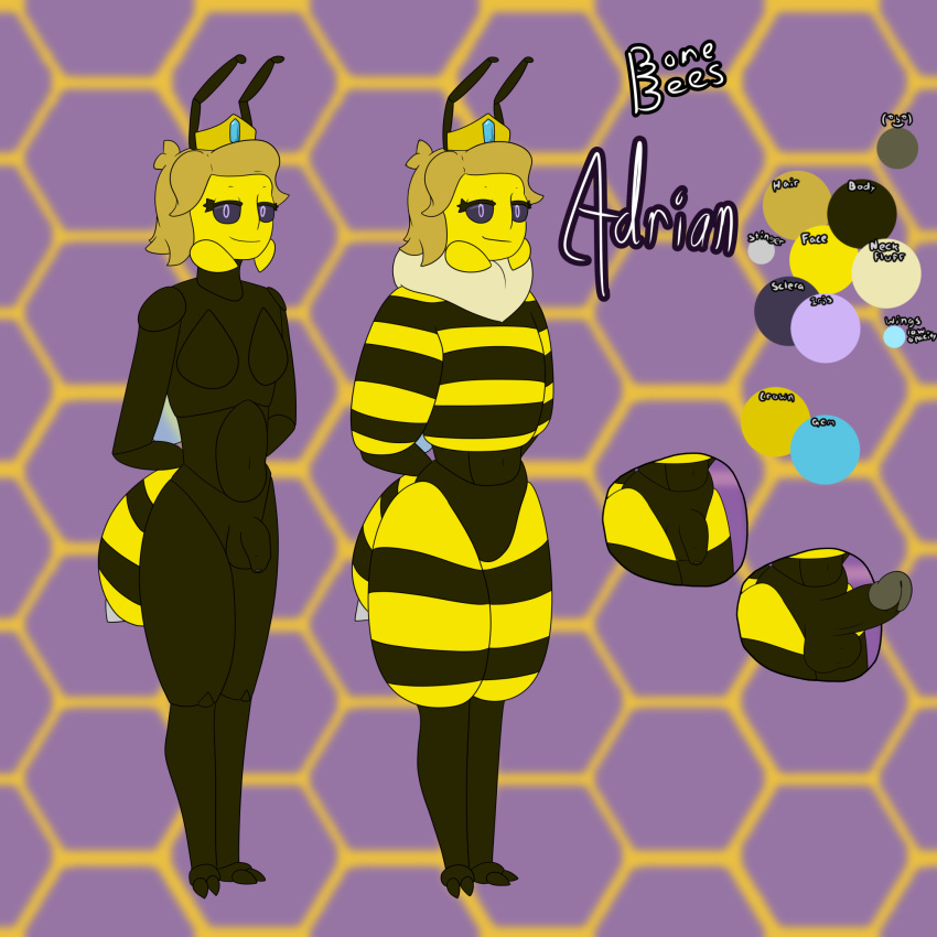 1:1 2024 adrian_(bonebees) antennae_(anatomy) anthro arthropod balls bee blonde_hair bonebees clothing color_swatch crown dark_sclera digital_drawing_(artwork) digital_media_(artwork) erection exoskeleton eyelashes foreskin full-length_portrait genitals hair headgear hi_res honeycomb_(pattern) honeycomb_background hymenopteran insects legwear lenny_face male mandibles meme model_sheet multicolored_body neck_tuft nude pattern_background pattern_clothing pattern_legwear penis portrait purple_eyes simple_background solo stinger_(anatomy) striped_clothing striped_legwear stripes thorax tuft two_tone_body watermark wings