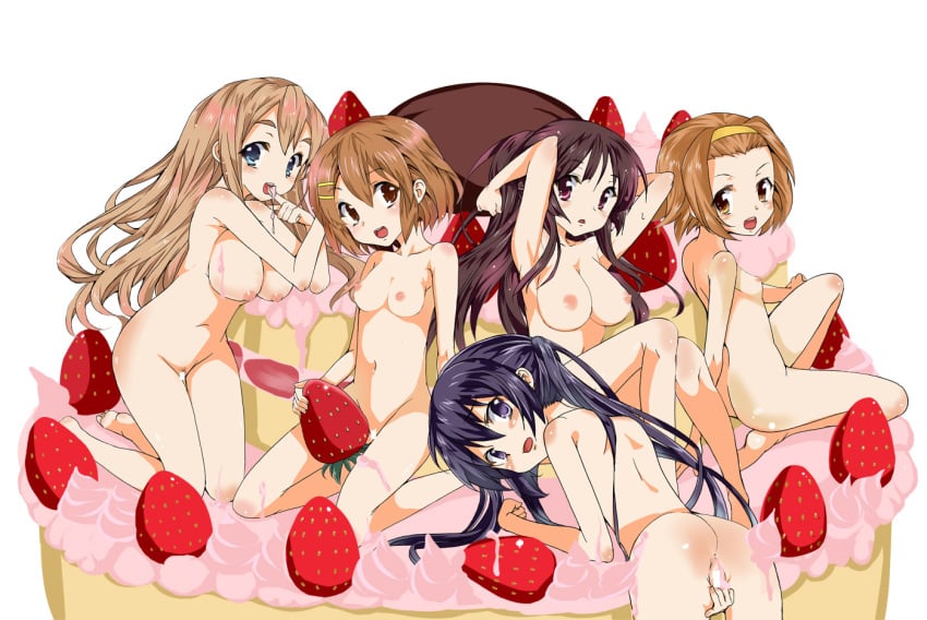 ass azusa_nakano_(k-on!) black_eyes black_hair blonde_hair blue_eyes breasts brown_eyes brown_hair cake censored female female_only flat_chest food fruit hairband human human_only k-on! large_breasts long_hair mio_akiyama_(k-on!) multiple_girls nipples nude pussy ritsu_tainaka_(k-on!) short_hair strawberry tanaka_deshirittoru tied_hair tsumugi_kotobuki_(k-on!) twintails yui_hirasawa_(k-on!)