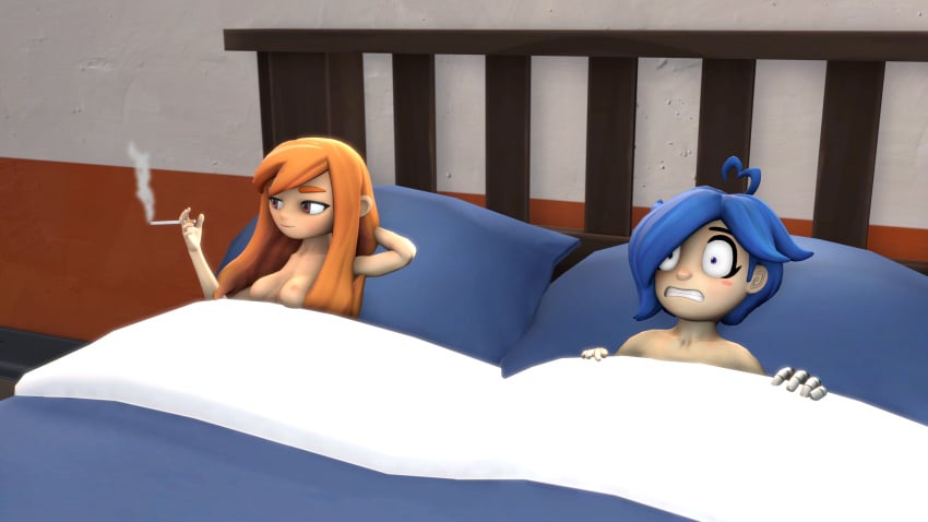 3d after_sex blue_hair breasts cybernetic_arm cyborg duo female female_only garry's_mod gmod human_meggy i_love_when_people_draw_ships_like_this_actually_(meme) meggy_spletzer meme multiple_girls nude on_bed orange_hair post-coital_cigarette ruined_for_marriage satisfied_look sfm small_breasts small_pupils smg4 smoking_cigarette source_filmmaker tari_(smg4) traumatized yuri