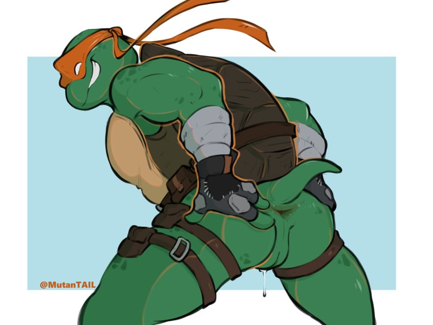 absurd_res anthro anus ass bandana bodily_fluids clothing dripping eyewear gear genital_fluids gloves handwear hi_res kerchief looking_at_viewer male michelangelo_(tmnt) muscular muscular_anthro muscular_male mutantail precum precum_drip presenting presenting_hindquarters reptile scalie shell slit smile smug solo spread_anus spreading tail teenage_mutant_ninja_turtles turtle wristband