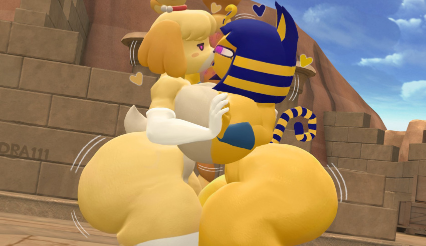 2023 2girls 3d animal_crossing ankha ankha_(animal_crossing) anthro ass big_ass big_breasts big_butt breasts dra111_(artist) dragon316 duo edit fat_ass furry huge_ass isabelle_(animal_crossing) kissing making_out source_filmmaker yuri