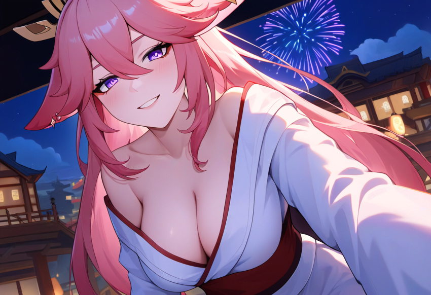 ai_generated bangs bare_shoulders cleavage female female female_focus female_only festival fox_ears from_below genshin_impact hair_between_eyes large_breasts long_hair looking_at_viewer night night_sky novelai pink_hair purple_eyes seductive_look seductive_smile town village white_clothing yae_miko yukata