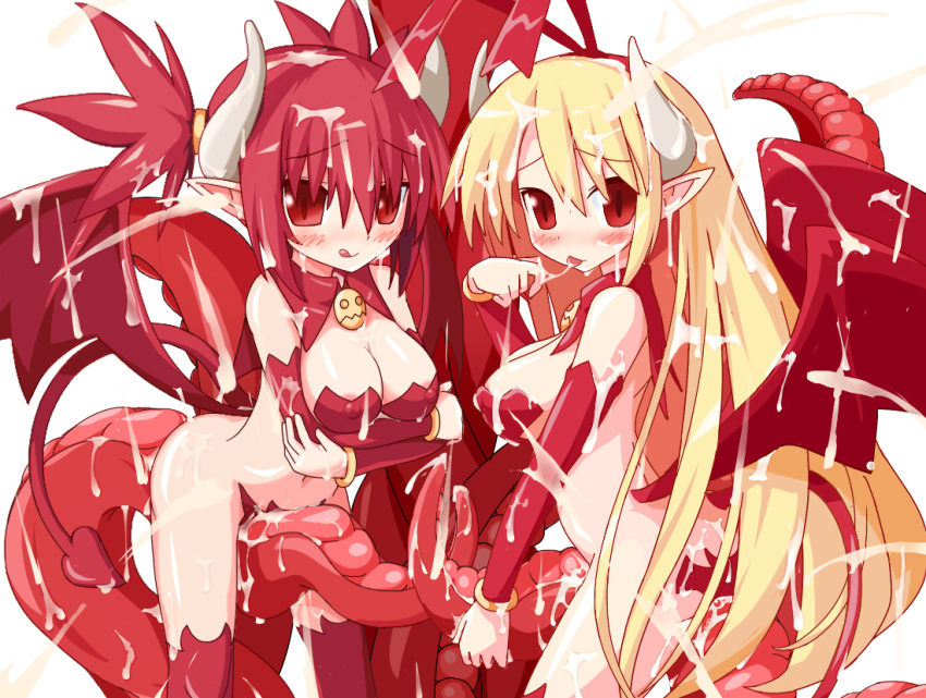 :p :q bat_wings biosuit blonde_hair breasts bukkake consensual_tentacles cum cum_on_hair demon_girl demon_tail demon_wings detached_sleeves devil disgaea disgaea_1 erect_nipples etna flonne flonne_(fallen_angel) horns living_clothes long_hair nakobasu naughty_face nippon_ichi_software pointy_ears red_eyes red_hair succubus_(disgaea) tail tentacle tongue