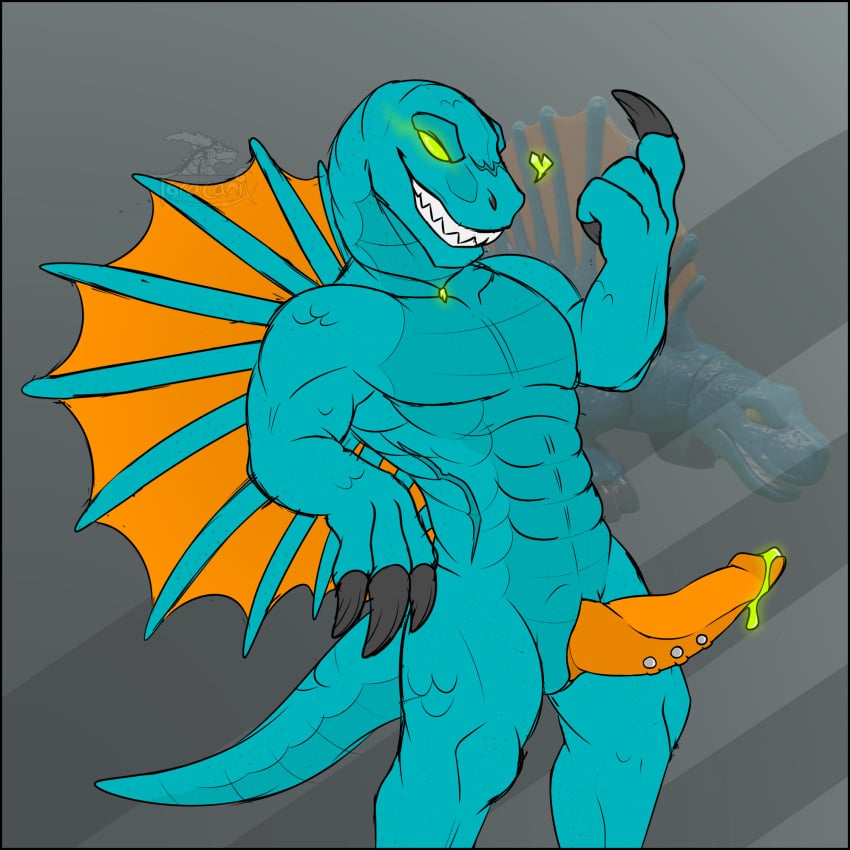 3_fingers abs animal_genitalia anthro big_penis black_claws blue_body bodily_fluids claws cloaca coaxing cocky_smile colored colored_cum colored_sketch crystal cum digital_drawing_(artwork) digital_media_(artwork) dimetrodon dinosaur fingers fisher-price flat_colors flirting flirting_with_viewer full-length_portrait genital_fluids genital_piercing genitals glowing glowing_crystal glowing_cum glowing_eyes glowing_jewelry glowing_necklace gradient_background green_crystal green_cum green_eyes grin grinning_at_viewer hi_res jewelry male male_only mattel metal muscular muscular_anthro muscular_male necklace orange_body orange_cloaca orange_penis pecs pelycosaur penis penis_piercing piercing plastic_toy portrait presenting presenting_penis reptile rock sail_(anatomy) scales scalie scar silver_piercing simple_background sketch smile solo sphenacodontid synapsid tail teal_body teeth toothy_grin toothy_smile toracanix toy unusual_bodily_fluids unusual_cum unusual_genital_fluids