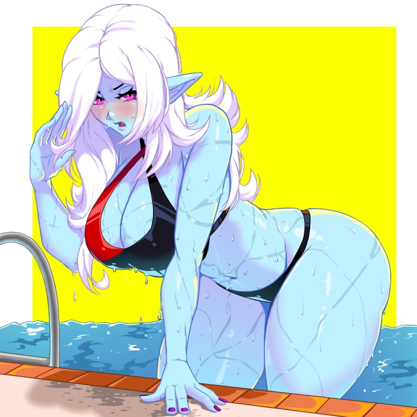 1girls big_breasts bikini bikini_bottom bikini_top boob_window cleavage dragon_ball dragon_ball_xenoverse dragon_ball_z female female_only kiwiartsu large_breasts lipstick looking_at_viewer pink_eyes pointy_ears solo solo_female solo_focus swimming_pool thick_thighs thighs towa wet wet_body wet_skin white_hair wide_hips