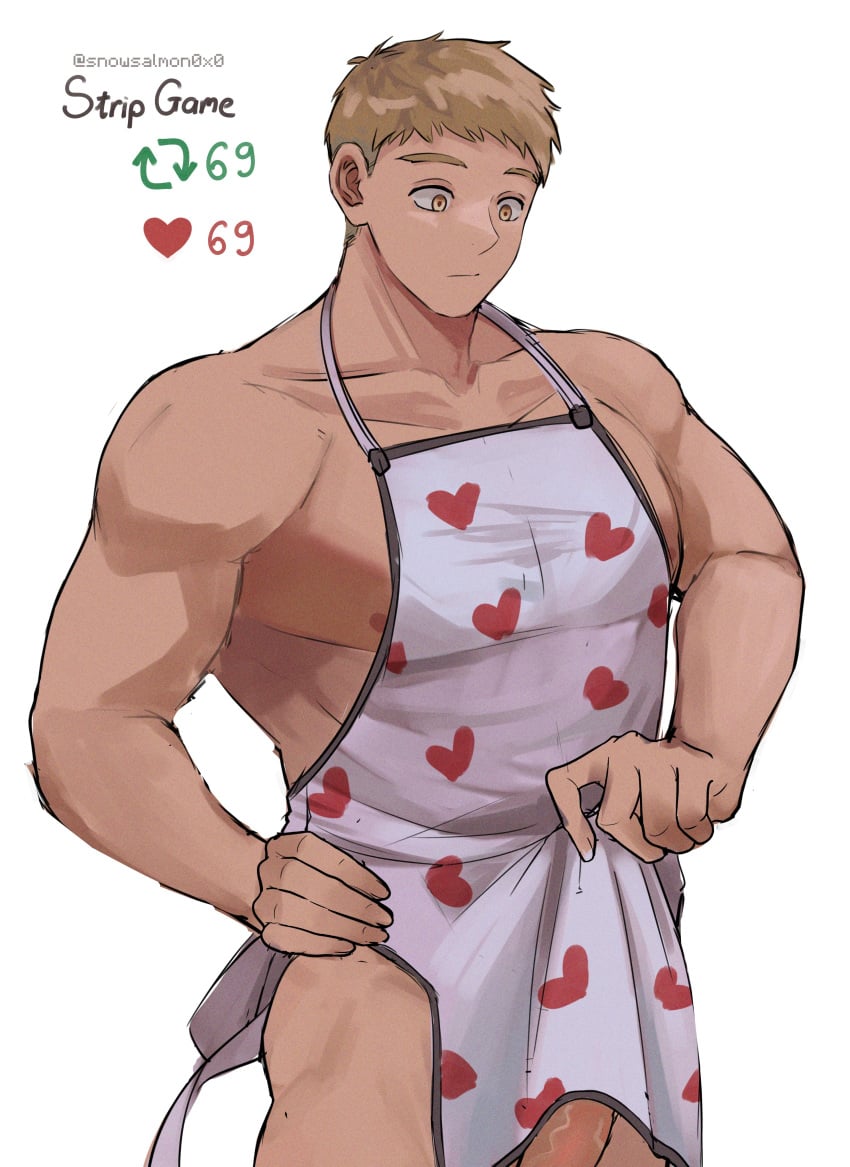 1boy 69_(meme) absurdres alternate_costume apron apron_lift bara blonde_hair collarbone cowboy_shot dungeon_meshi heart heart_print highres laios_touden looking_down male male_focus male_only meme muscular_male naked_apron nipple_slip nipples pectorals penis penis_peek raised_eyebrows short_hair sidepec snowsalmon solo solo_male thick_eyebrows toned toned_male twitter_strip_game_(meme)