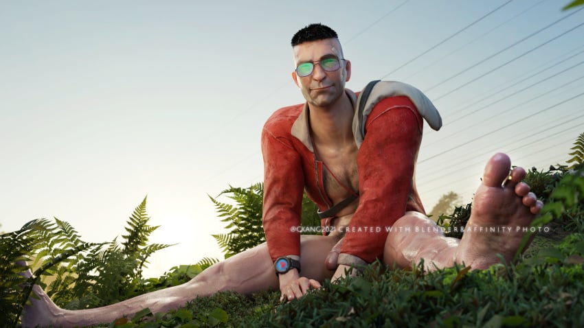 1boy 1human 1male 3d 3d_(artwork) 3d_model barefoot_on_grass brown_eyes brown_hair casual_nudity ckang2021 david_king dead_by_daylight friendly gentle hairy_chest hunched_over innocent jacket_open light-skinned_male light_skin looking_at_you male male_focus male_only masculine naked naked_male nonsexual nude nude_male outdoors peaceful smile solo solo_focus solo_male sunglasses