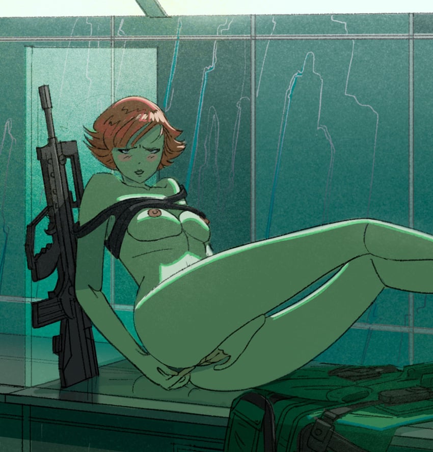 1girls almost_naked big_breasts blush breasts clothes_off female fingering fingers_in_pussy ginger green_skin gun legs meryl_silverburgh metal_gear metal_gear_solid red_hair tagme thighs weapon