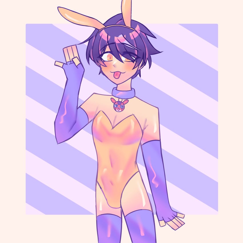 amato black_hair bunny_ear bunnysuit collar gay looking_at_viewer mechamato small_waist sticking_out_tongue superiorchoccy thighhighs thighs thin_waist twink yellow_eyes younger_male