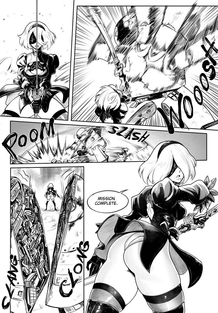 1girls big_ass big_butt blindfold bubble_ass bubble_butt comic_page comic_panel insouwu medium_breasts monochrome nier nier:_automata short_hair yorha_2b