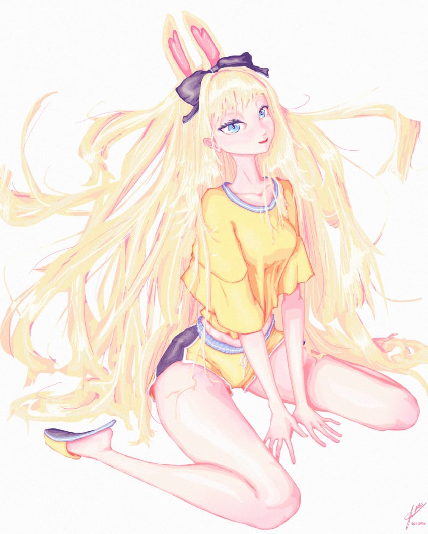 1girl aino_minako artist_name bangs between_legs blonde_hair blue_eyes bow bunny_ears bunny_girl casual female_only full_body hair_bow hand_between_legs legwear_under_shorts lips long_hair looking_at_viewer pantyhose shirt shoes short_sleeves shorts signature sitting smile solo striped striped_background striped_legwear v_arms vertical-striped_legwear vertical_stripes very_long_hair virtual_youtuber vyugen wariza yellow_legwear yellow_shirt yenko