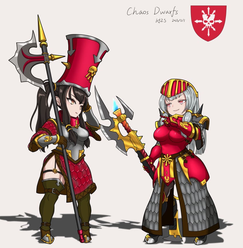 2girls amber_eyes armor artist_request axe big_hat black_hair braid braided_hair chaos_(warhammer) chaos_dwarf dawi_zharr dwarf fire firearm gold gold_(metal) gold_armor gold_eyes gold_jewelry gun hat hazel_eyes long_hair long_hat multiple_girls ponytails red_armor red_clothing red_eyes rifle short shortstack total_war:_warhammer warhammer_(franchise) warhammer_fantasy weapon