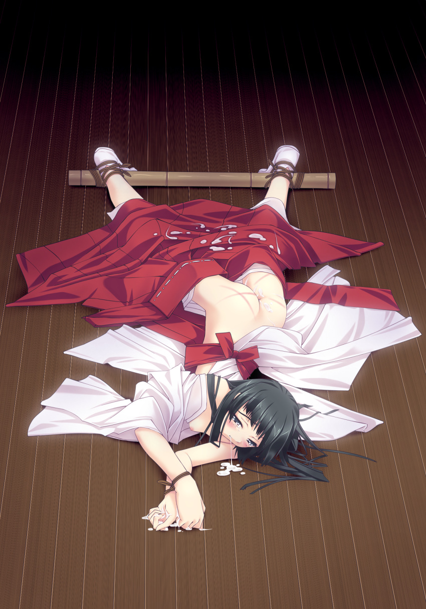 1girls 2d ass bondage bound bound_wrists breasts breasts_out cum cum_in_mouth cum_on_clothes cum_on_hakama cum_on_skirt cumdrip f-ism female female_focus female_human female_only hakama highres human human_female human_focus human_only japanese_clothes miko murakami_suigun nipples no_visible_genitalia on_stomach original restrained skirt skirt_lift small_breasts solo solo_female solo_focus spreader_bar straight_hair whip_marks