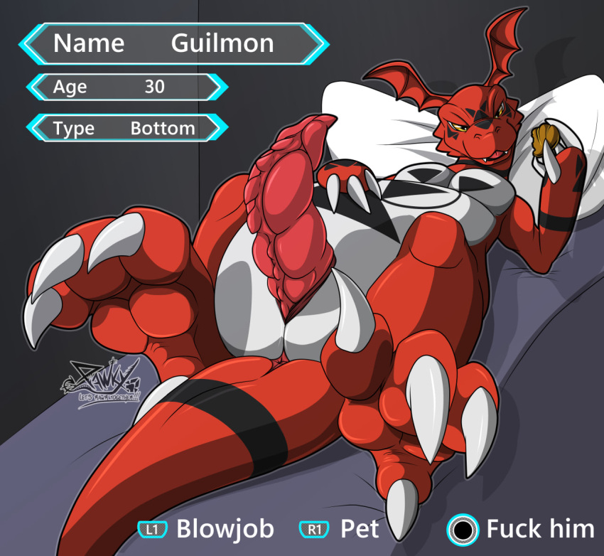 anal_juice ass bandai_namco bodily_fluids digimon digimon_(species) dinosaur erection feral genitals guilmon male overweight paws pawzzhky penis reptile scalie solo tail