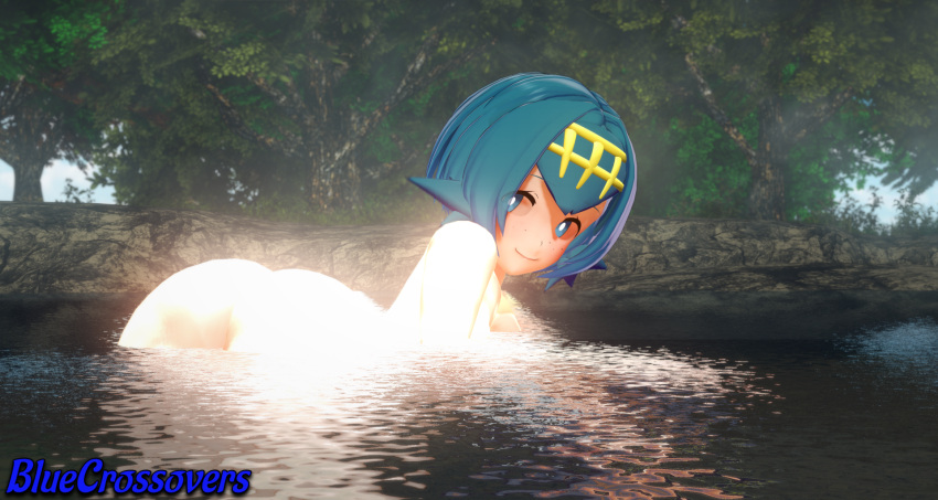 1girls 3d 3d_render ass blue_eyes blue_hair blue_sky clothing creatures_inc. female game_freak hairband headwear high_resolution koikatsu koikatsu_(medium) lana_(pokemon) looking_at_viewer lying nintendo nude one-piece_tan outdoors partially_submerged pokemon pokemon_(game) pokemon_sm pond rock self_upload skinny_dipping sky smile solo tanlines tanned tree trial_captain water yellow_hairband