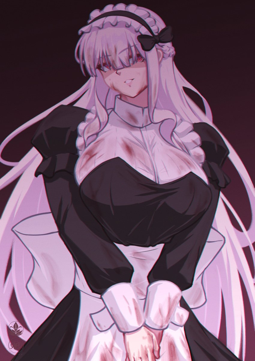 blood huge_breasts maid red_eyes roneesan viona_vyonnette white_hair yandere