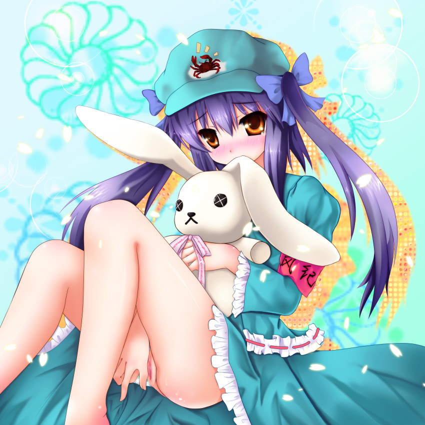 armband blush bunny crab dzc23_(artist) female green_dam hair_ribbon hat highres os-tan panties panties_aside personification purple_hair pussy ribbon sitting solo straight_hair striped striped_panties stuffed_animal stuffed_toy tied_hair twintails uncensored underwear yellow_eyes