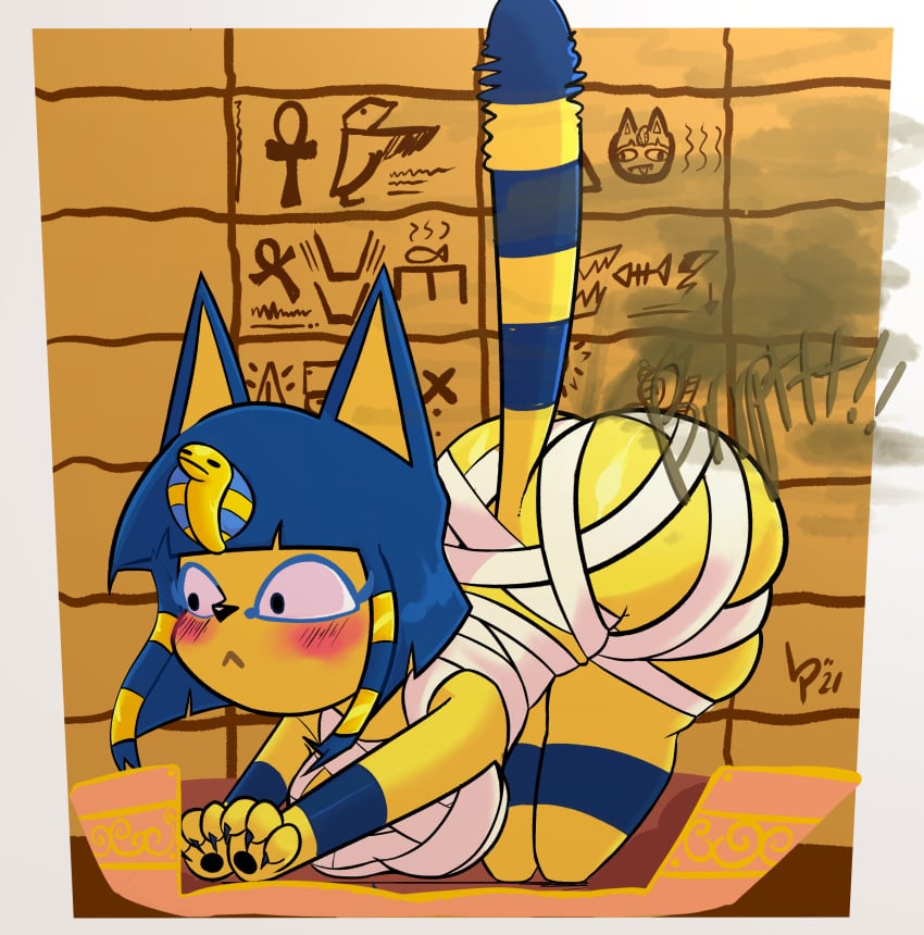 2021 absurd_res animal_crossing ankha_(animal_crossing) anthro ass ass_up bandage big_breasts big_butt blue_body blue_fur blue_hair blush breasts brown_background carpet detailed_background domestic_cat egyptian_headdress fart fart_cloud felid feline felis female fur hair hi_res lewdpunch mammal markings nintendo open_mouth pawpads sequence short_hair short_stack simple_background solo striped_markings striped_tail stripes surprise tail tail_markings thick_thighs wide_hips yawn yellow_body yellow_fur