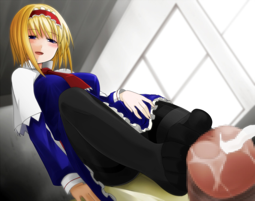 alice_margatroid blonde_hair blue_eyes censored chulain clothed_female clothed_female_nude_male cum cumshot ejaculation feet female femdom footjob footjob_with_legwear hairband pantyhose penis short_hair solo standing standing_footjob touhou