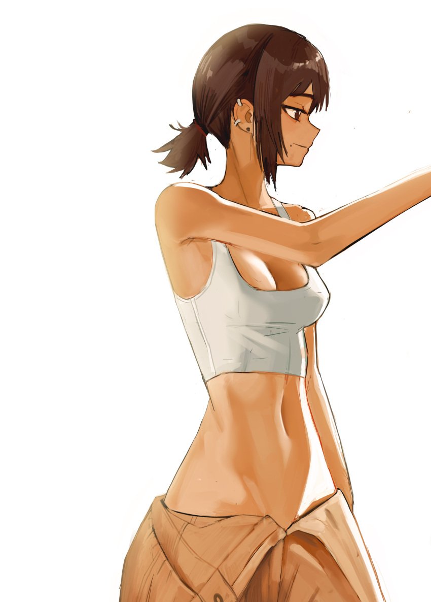 1girls abs bangs bra brown_eyes brown_hair chainsaw_man ear_piercing fit_female higashiyama_kobeni looking_away lowleg medium_breasts navel no_shirt pants_open ponytail sfw sidelocks slim_waist smile solo tefiblum unzipped_pants