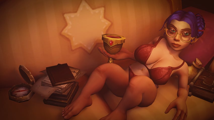 1girls 3d blue_hair bra glasses gnome gnome_(warcraft) large_breasts lying_on_back lying_on_couch panties ruby_funnelcog shortstack tagme wine_glass world_of_warcraft zatoart