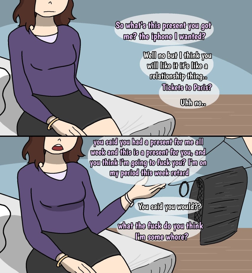 1boy 1girls angry bed bedroom bitchy bratty brown_hair clothing comic_page dialogue english_text female fully_clothed hi_res insult male profanity tagme talking_to_another text uniimom