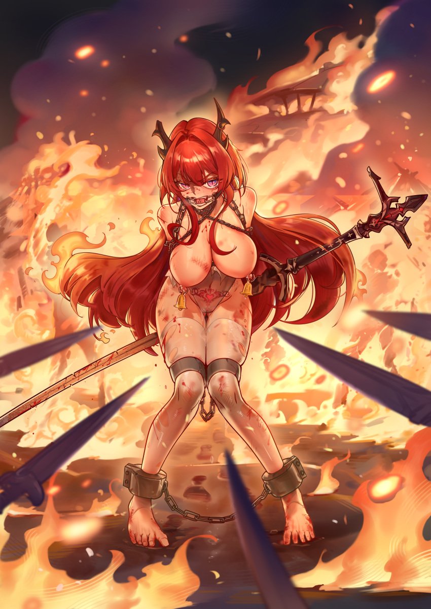 1girls angry arknights arms_behind_back bell blood bondage breasts bruise chains female fire horns large_breasts light-skinned_female long_hair ningre_huahe nipples open_mouth pubic_tattoo pussy red_hair slave surtr_(arknights) sword weapon