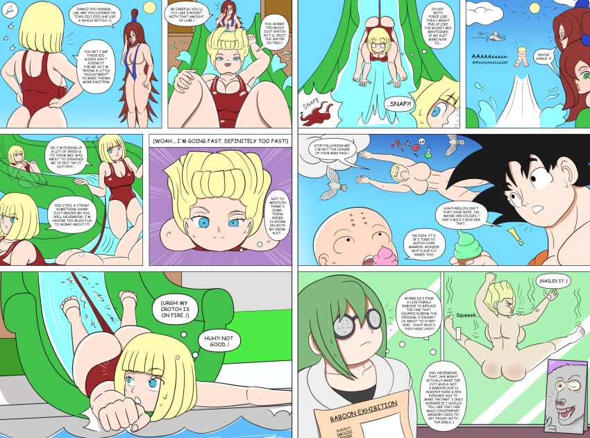 2boys 3girls accidental_circumstance accidental_exposure against_glass ass baboon big_breasts blonde_hair color comic crossover dialogue dragon_ball funny ginspot huge_ass krillin kuririn mei_terumi naruto naruto_(series) naruto_shippuden nude nude_female one-piece_swimsuit request samui shiho_(naruto) slide sling_bikini son_goku swimsuit swimsuit_pull wardrobe_malfunction wedgie