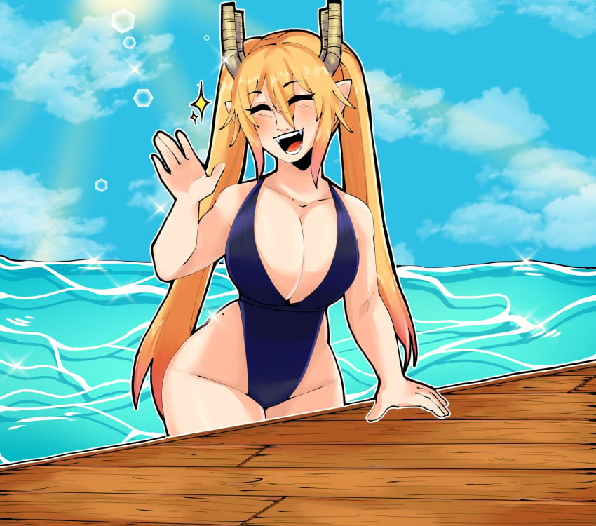 1girls bare_arms bare_thighs blonde_hair blue_one-piece_swimsuit blue_swimsuit bluueygooey breasts cleavage closed_eyes female female_only happy large_breasts long_hair miss_kobayashi's_dragon_maid multicolored_hair ocean one-piece_swimsuit orange_hair outdoors smile solo swimsuit thighs tohru_(dragon_maid) twintails very_long_hair year_of_the_dragon yellow_hair