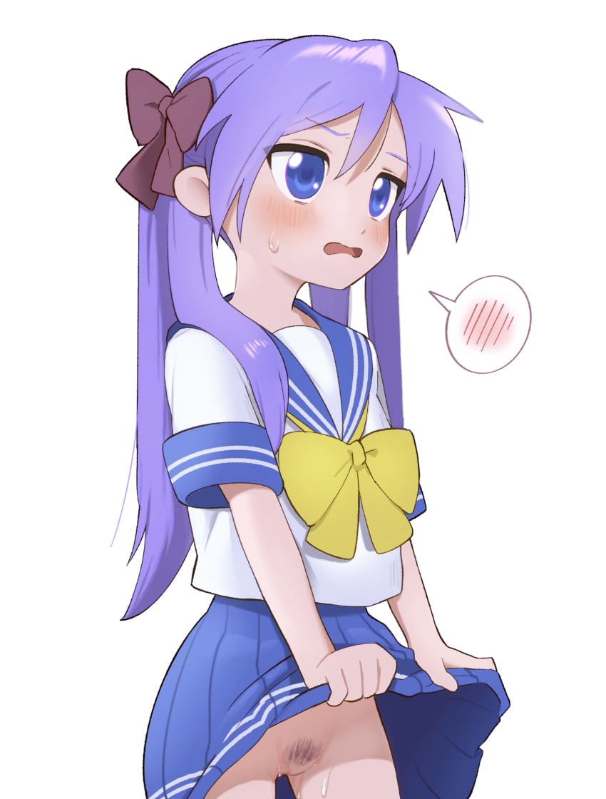 blue_eyes blue_skirt blush clothes_lift female highres hiiragi_kagami lifting_own_clothes long_hair lucky_star neckerchief pubic_hair purple_hair pussy sailor_collar school_uniform serafuku skirt skirt_lift solo sweatdrop twintails user_dpsx8482 white_background young