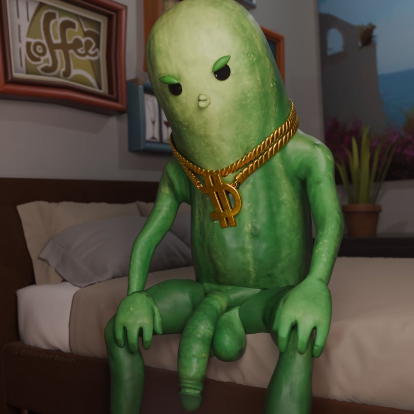 3d bed big_balls big_dill_(fortnite) big_penis blender blender_(software) blenderanon_ blurry_background dick food food_creature fortnite fortnite:_battle_royale gold_jewelry gold_necklace hands_on_knees human_penis humanoid humanoid_penis looking_at_viewer male male_only meme necklace non-human penis penis_focus pickle shitpost sitting solo why