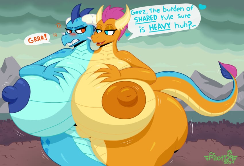 2024 2_heads angry anthro areola big_breasts blue_areola blue_body blue_eyes blue_nipples blue_skin breasts conjoined dated digital_media_(artwork) dragon english_text female friendship_is_magic hasbro hi_res horn multicolored_body multicolored_skin my_little_pony nipples open_mouth orange_areola orange_body orange_nipples orange_skin pilot129 princess_ember_(mlp) red_eyes sharp_teeth smile smolder_(mlp) teeth text