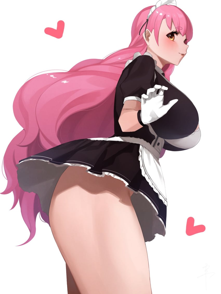 1girls 2021 aizono_manami apron ass black_dress blush breasts clothed clothing dress eyebrows_visible_through_hair female female_only frilled_dress frills gloves going_commando heart highres huge_ass huge_breasts large_breasts long_hair looking_at_viewer looking_to_the_side maid maid_headdress maid_uniform nijisanji no_panties open_mouth pink_hair senju_(snz0) short_dress side_view simple_background solo standing thick_thighs thighs tight_clothing uniform very_long_hair virtual_youtuber waist_apron wavy_hair white_background white_gloves yellow_eyes