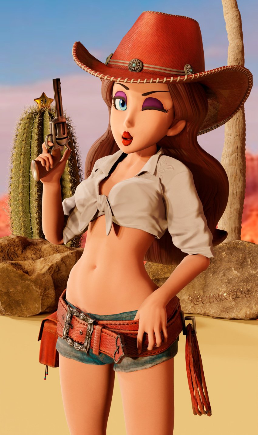 1girls 2024 3d 3d_(artwork) belt big_lips blue_sky brown_hair cactus clothing cloud cowboy_hat cowgirl cowgirl_outfit cute desert female female_only firearm guinreds gun handgun human jean_shorts long_hair looking_at_viewer make_up mario_(series) mouth navel nintendo one_eye_closed open_mouth outdoors pale_skin pauline pistol red_lips red_lipstick revolver short_shorts shorts skimpy_clothes small_shorts smile smiling smiling_at_viewer solo solo_female standing star super_star super_star_(mario) tied_shirt weapon white_skin wink winking_at_viewer