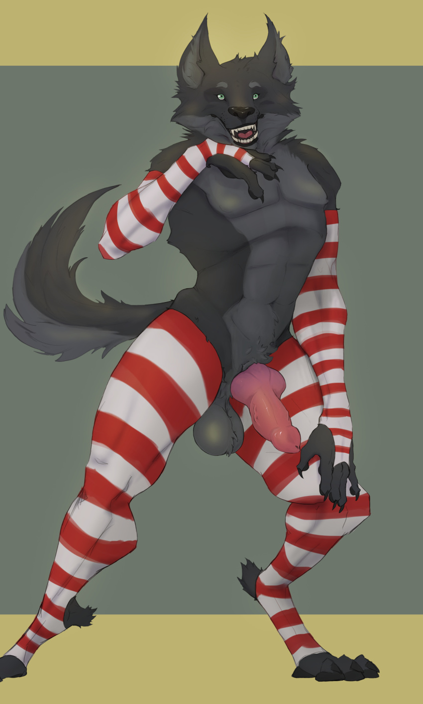 absurd_res anatomically_correct animal_genitalia anthro balls canid canine canis erection ethan0 fur genitals girly green_eyes grey_body grey_fur hi_res knot looking_up male mammal penis programming_socks simple_background solo were werecanid werecanine werewolf wolf xmas