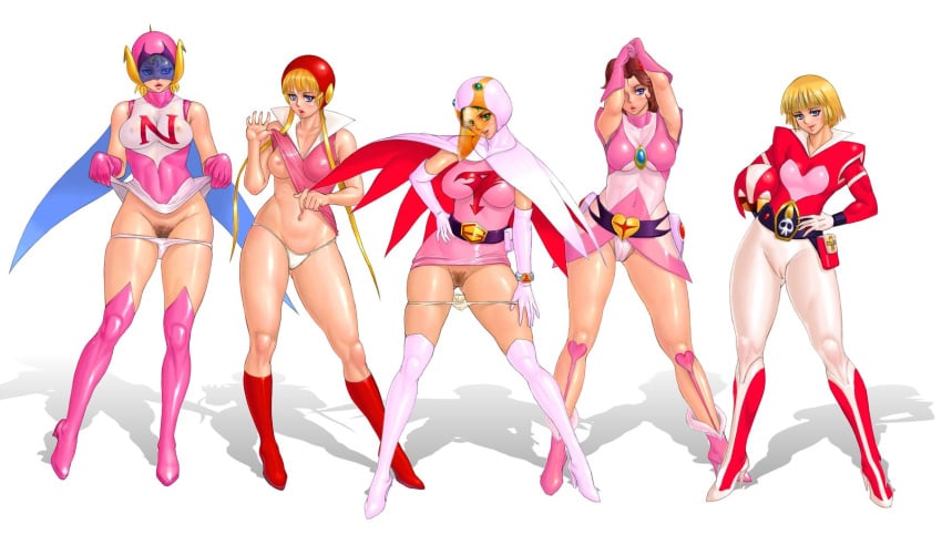 2008 5girls amachi_hiromi belt boots breasts cameltoe cape casshern erect_nipples female gatchaman gloves gowappaa_5_godam helmet highres human hurricane_polymar jun_the_swan kouzuki_luna large_breasts light-skinned_female light_skin lipstick makeup misaki_youko multiple_girls namba_teru navel nipples orange-tinted_eyewear panties pubic_hair purple-tinted_eyewear pussy shirt_lift skin_tight skirt skirt_lift superheroine tekkaman thigh_boots thighhighs thong tinted_eyewear uncensored underwear visor zen_and_retro