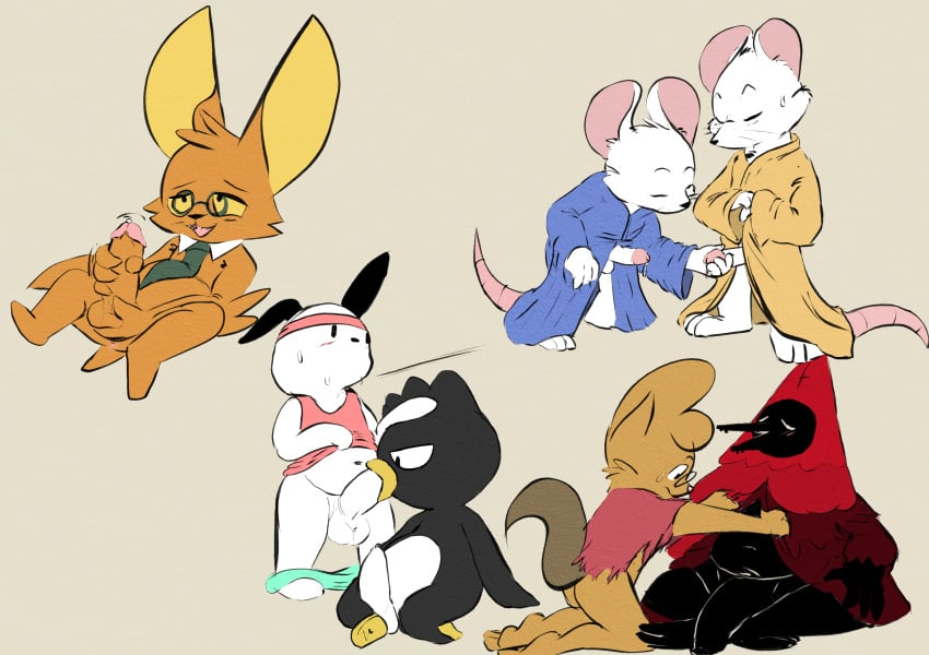 absurd_res anthro avian badtz-maru ball_fondling balls bat bird bodily_fluids bottomwear bottomwear_down canid canine clauneck_(cult_of_the_lamb) clothed clothing clothing_lift corvid corvus_(genus) cult_of_the_lamb duo eyewear fondling foreskin genital_fluids genitals glasses hi_res lying male male/male mammal massive_monster_(studio) masturbation mouse murid murine navel necktie onyn_ring_(chikn_nuggit) open_clothing open_shirt open_topwear oral oral_penetration oscine pants pants_down partially_clothed passerine penetration penguin penis pochacco precum raven retracted_foreskin rodent sciurid shirt shirt_lift slightly_chubby squirrel sweat sweatdrop tapering_penis topwear touching_penis tree_squirrel twee twerpishimp