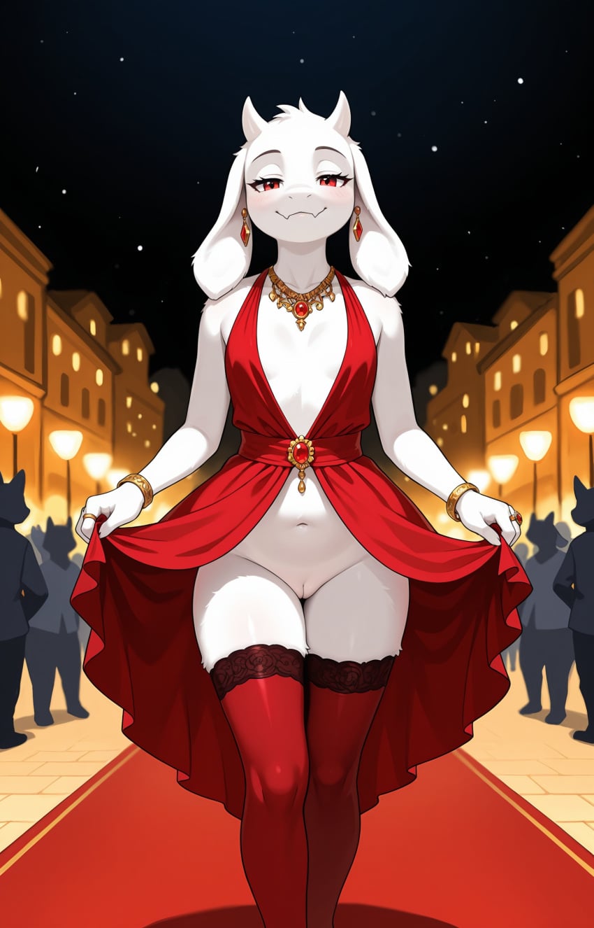 1girls 2026 ai_generated anthro bracelet crowd dress dress_lift ear_piercing fancy_clothing female female_only flat_chest goat gold_jewelry half-closed_eyes hi_res horns innie_pussy jewelry necklace night no_panties pussy red_carpet red_eyes smile smug thighhighs toriel undertale undertale_(series) walking white_fur zonoya_(artist)