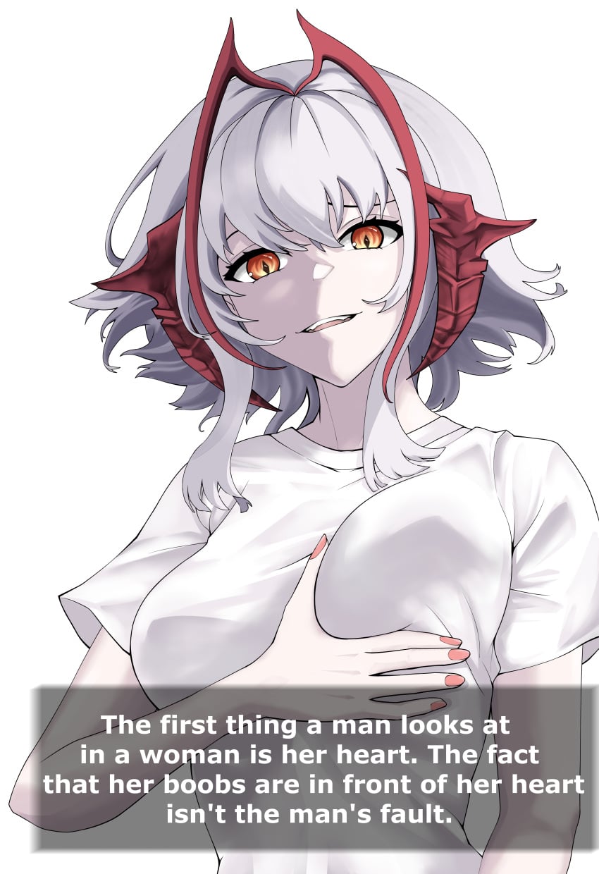 1girls 3_iq_tuna arknights big_breasts breast_grab breasts english_text female female_only grabbing_own_breast highres horns joke light-skinned_female light_skin looking_at_viewer misogyny nail_polish no_bra open_mouth orange_eyes short_hair solo t-shirt text w_(arknights) white_background white_hair white_shirt wisadel_(arknights)