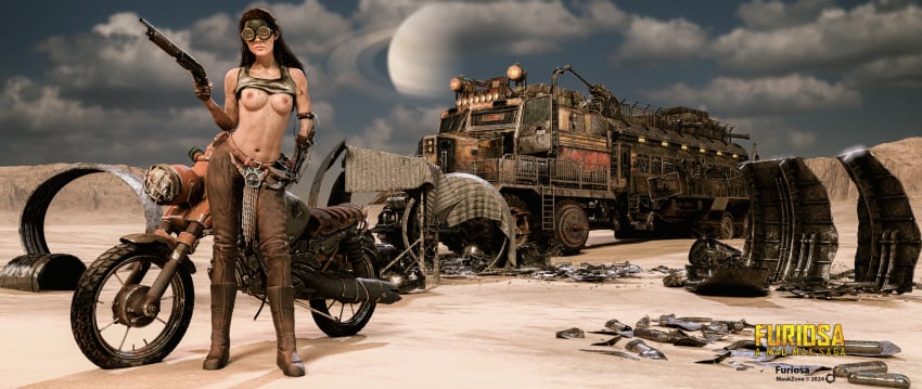 1girls 3d anya_taylor_joy breasts brown_hair dirt dirty facepaint female female_only furiosa_(film) goggles gun imperator_furiosa mad_max maukzone nipples shirt_up solo solo_female