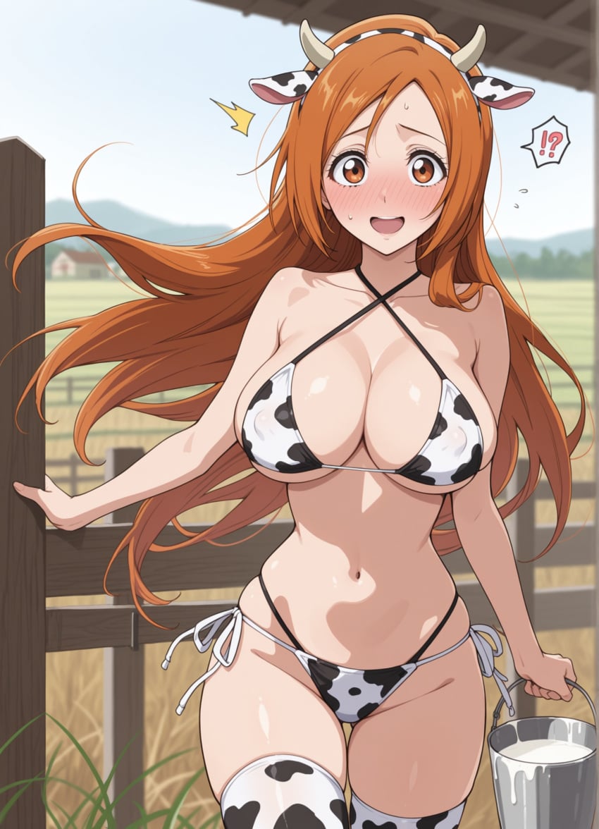 1girls ai_generated belly_button bleach blush breasts brown_eyes bucket bucket_of_milk cleavage covered_nipples cow_ears cow_girl cow_horns cow_print cow_print_bikini cowboy_shot farm female fence floating_hair halterneck holding_bucket inoue_orihime interrobang large_breasts long_hair looking_at_viewer milk navel notreallyhere open_mouth orange_hair outdoors parted_bangs side-tie_bikini skindentation solo spoken_interrobang standing surprised surprised_expression sweat sweatdrop thigh_gap thighhighs undersized_clothes