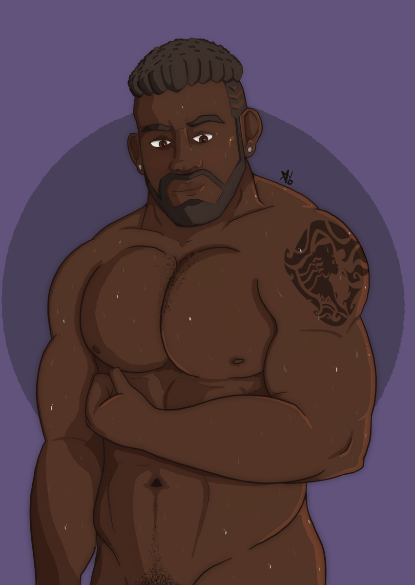 1boy abs baptiste beard bisexual brown_eyes brown_skin dark-skinned_male dark_hair dark_skin earrings flexing gay happy_trail huge_pecs looking_at_viewer looking_down looking_pleasured male_only muscular muscular_male muscular_shoulders naked nipples overwatch overwatch_2 pecs simple_background tattoo tattooed_arm thick_arms