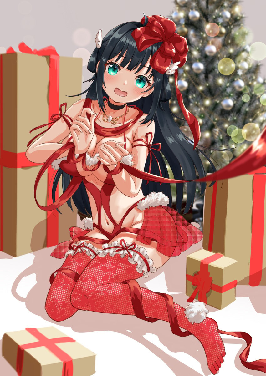 1girls amano_nene_(vtuber) aqua_eyes belly_button black_hair blush breasts christmas christmas_outfit christmas_tree cleavage clothed clothing female female_only gift hair_ornament huge_breasts indoors light-skinned_female light_skin lingmuuu_(ling☆mu) looking_at_viewer open_mouth production_kawaii red_stockings restrained revealing_clothes skimpy_clothes solo stockings tree virtual_youtuber wrapped wrappings